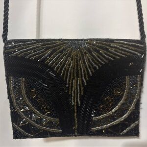 Vintage Black and Gold Beaded Evening Crossbody Clutch - U.S. Pat. 4021891